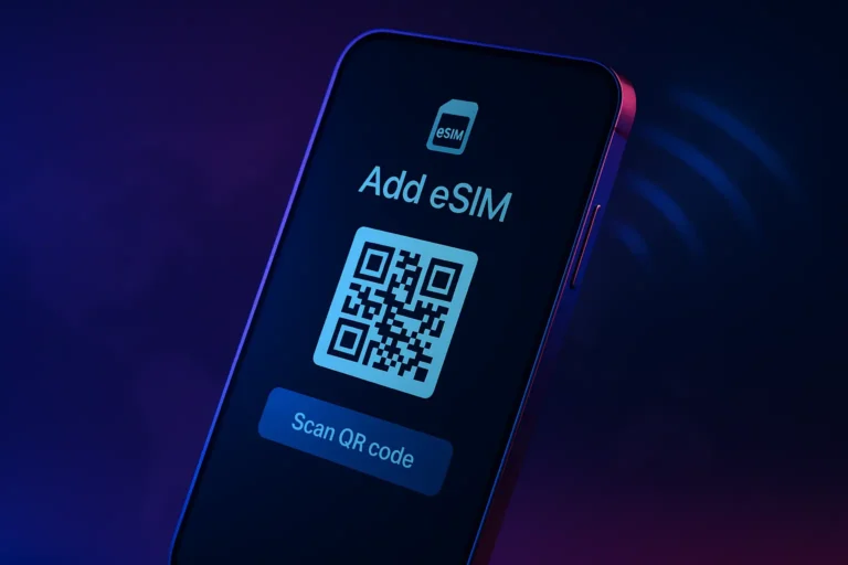 traveler using esim for internet in japan with smartphone and city background