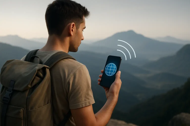 traveler using esim in thailand with smartphone and tropical city background