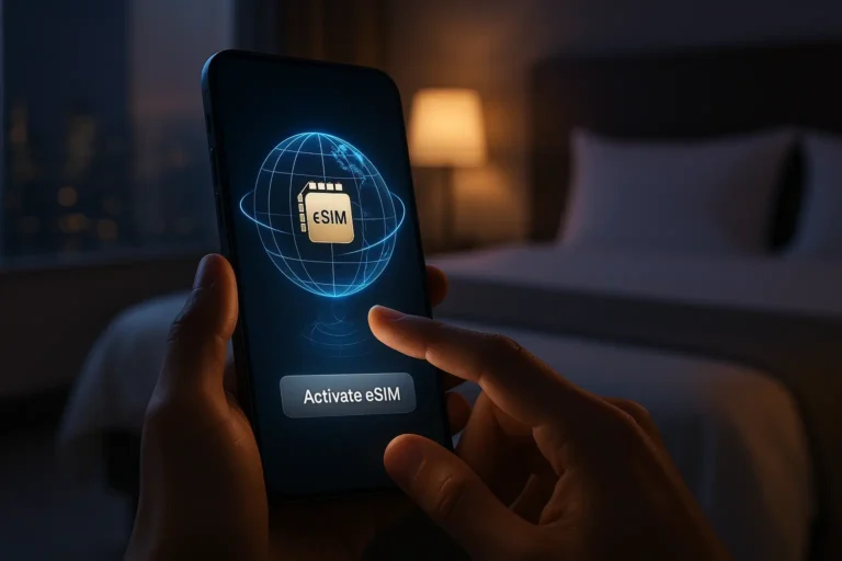 traveler using esim in the usa with smartphone and city skyline background