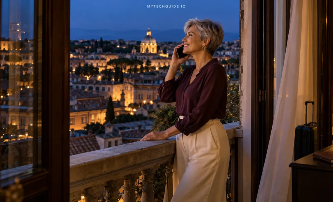Traveller making a phone call from a hotel balcony overlooking the city at dusk.