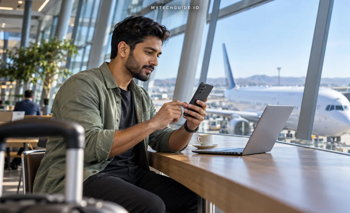 Traveller using an Android phone at an airport work counter.
