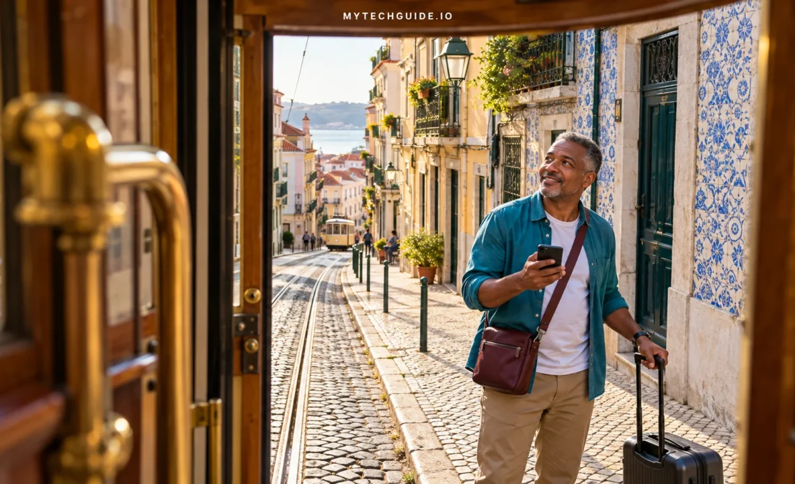 Traveller navigating a European street, viewed from a vintage tram doorway.