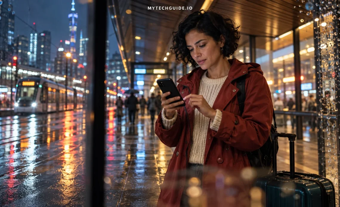 Traveller checking her smartphone under a station canopy on a rainy evening.
