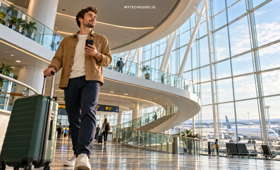 Traveller with a smartphone and suitcase beneath the curved architecture of an airport atrium.