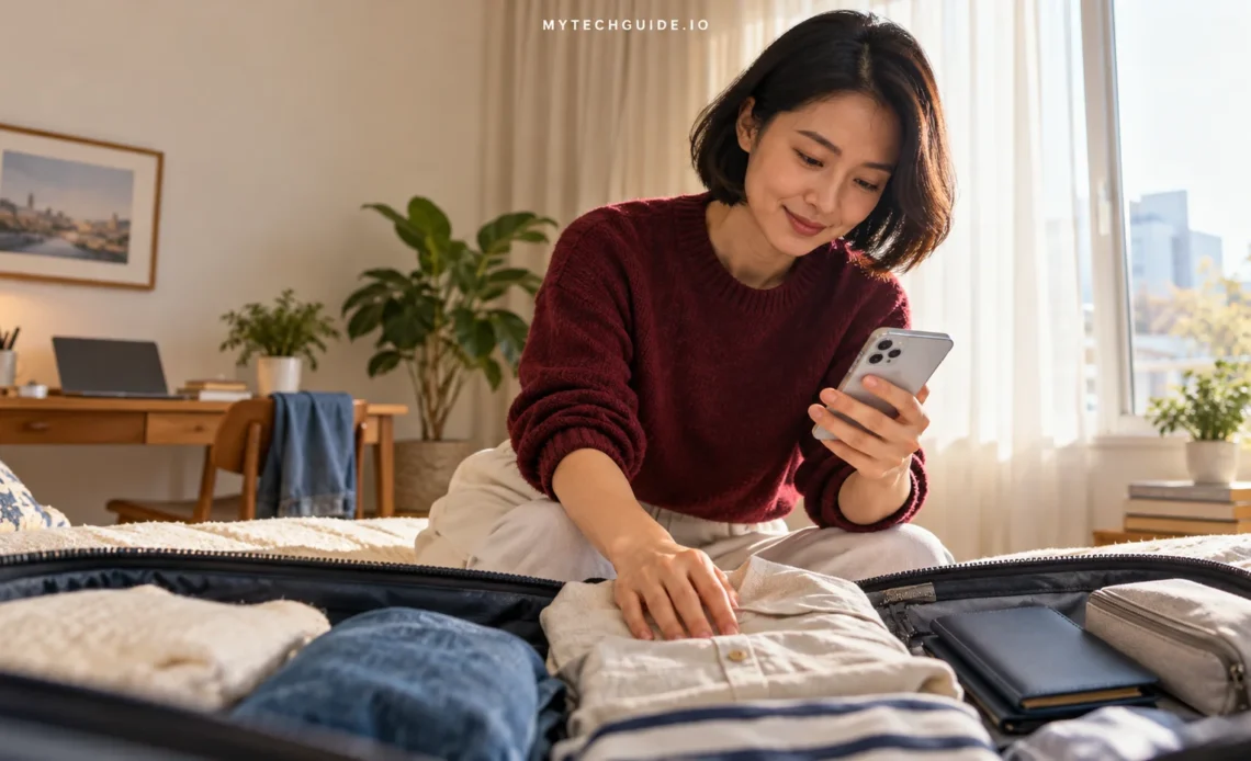Traveller checking her phone while packing a suitcase at home.