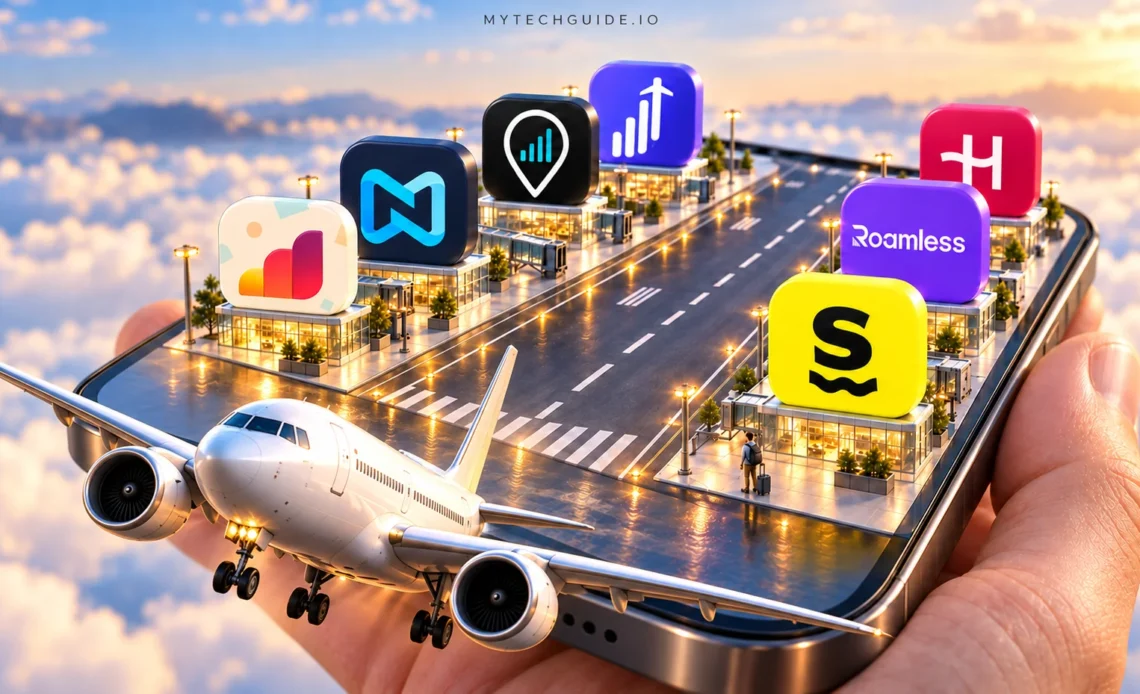 Hand holding a smartphone airport with seven eSIM app icons and a miniature plane flying beyond the screen.