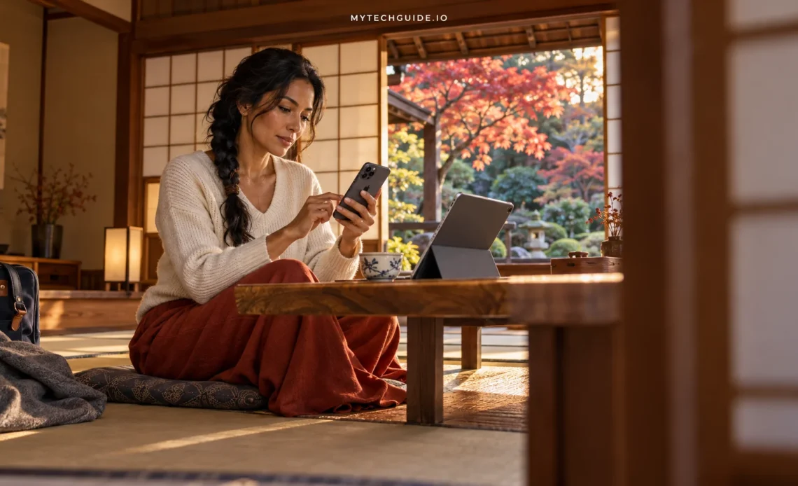 Traveller using an iPhone beside a tablet in a Japanese-style guesthouse.