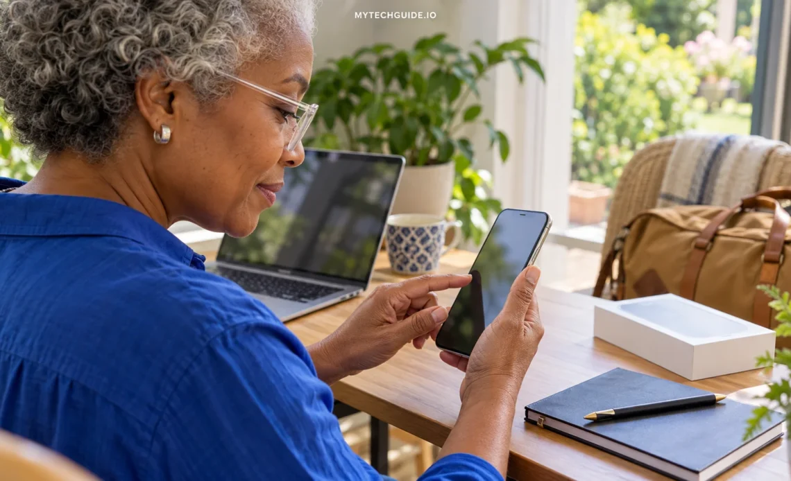 Traveller checking her smartphone beside a laptop before a trip.