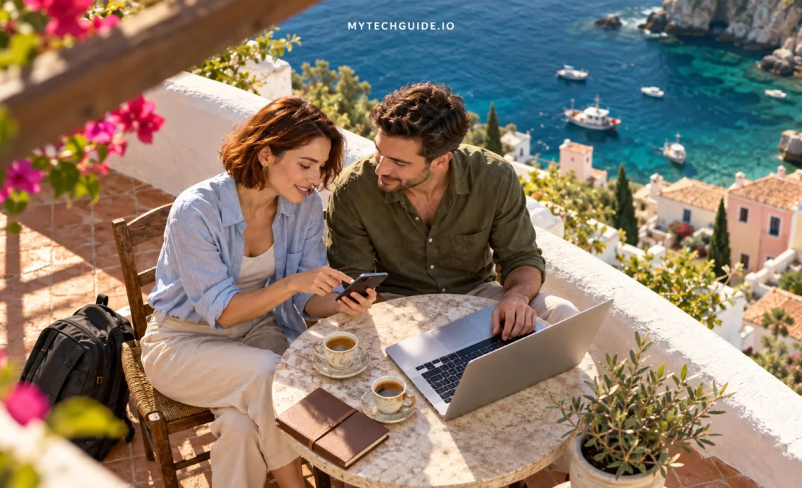 Two travellers using a smartphone and laptop on a café terrace overlooking a Mediterranean bay.