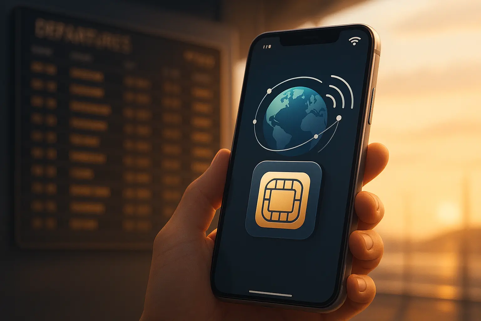 traveler using eSIM app on smartphone for global internet connection abroad