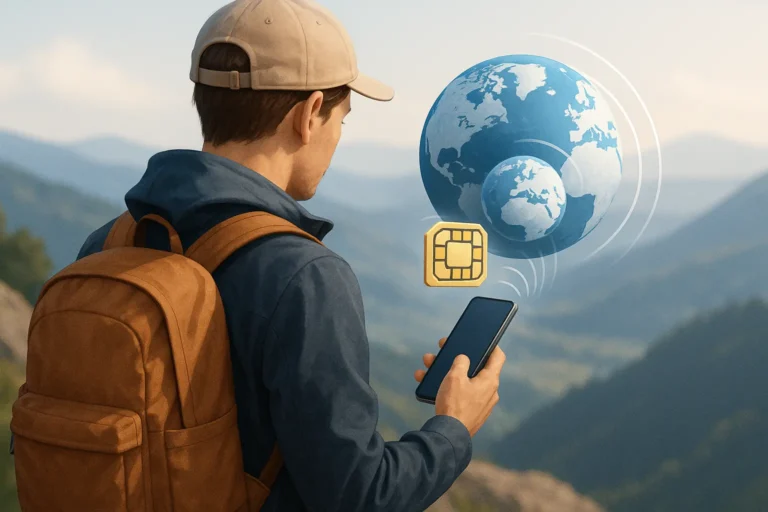 digital nomad using global eSIM internet on smartphone while traveling
