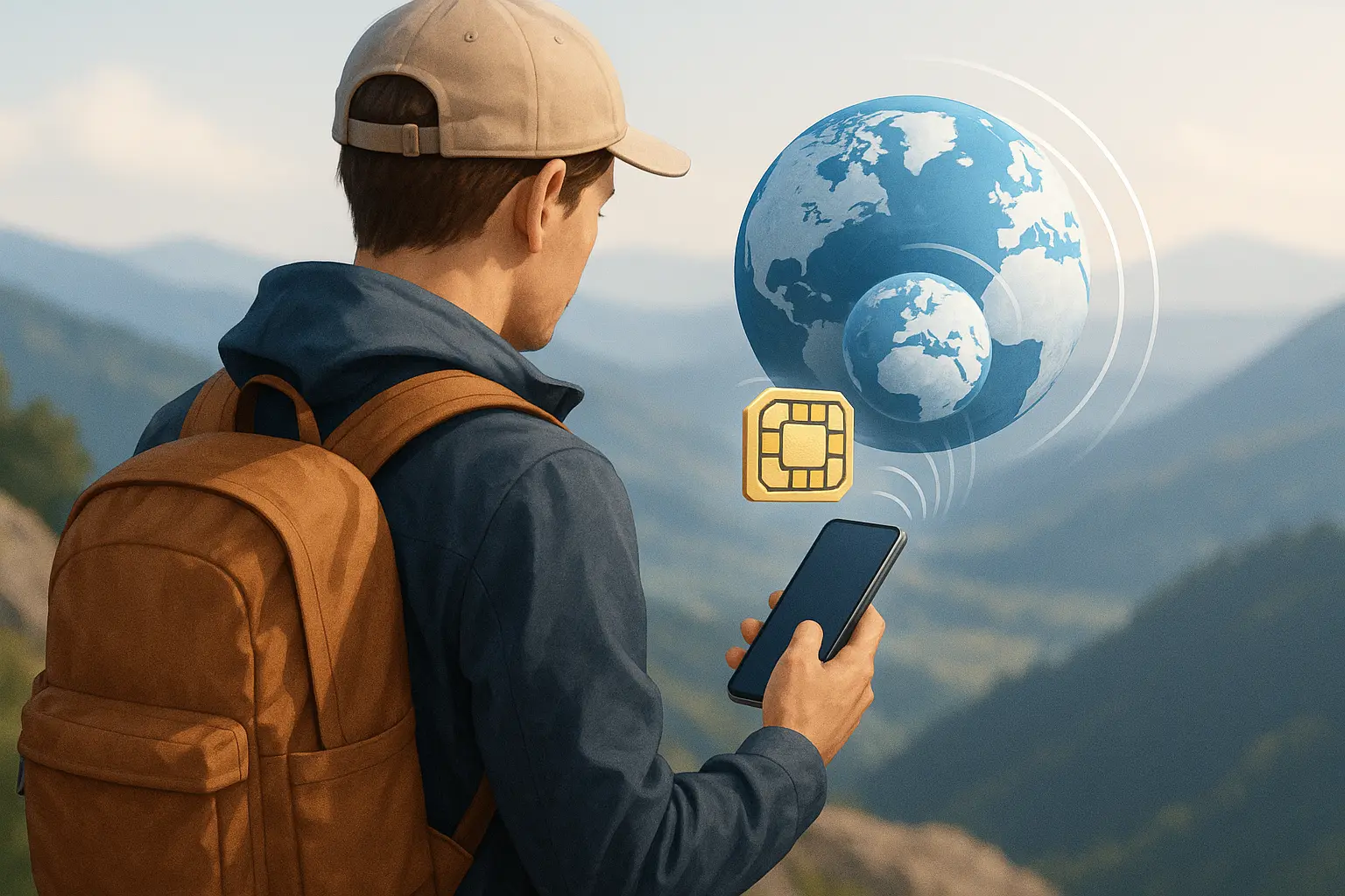 digital nomad using global eSIM internet on smartphone while traveling