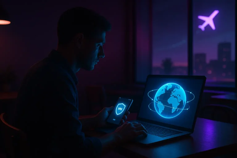 traveler using free VPN on laptop for secure internet abroad