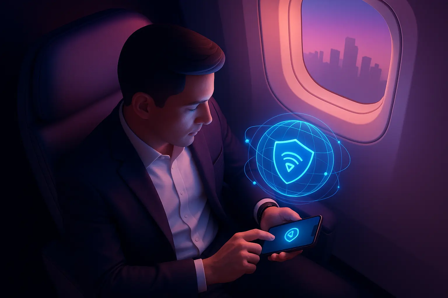 traveler using VPN on smartfone to access secure internet while abroad