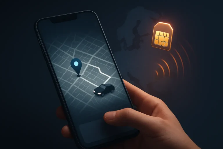 using eSIM in Europe on smartphone with mobile data and maps active
