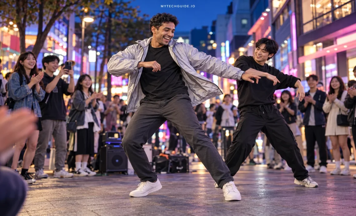 Traveler joining a street dancer in Hongdae, Seoul, while spectators clap around them.
