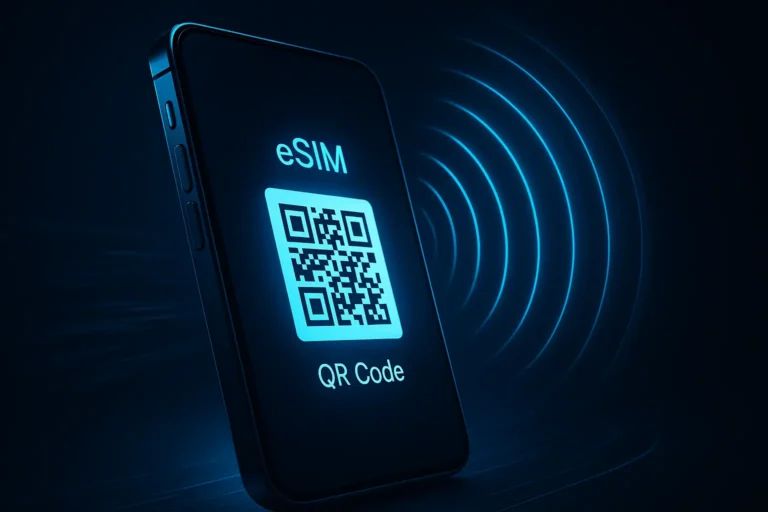 smartphone showing eSIM connection error and troubleshooting steps on screen