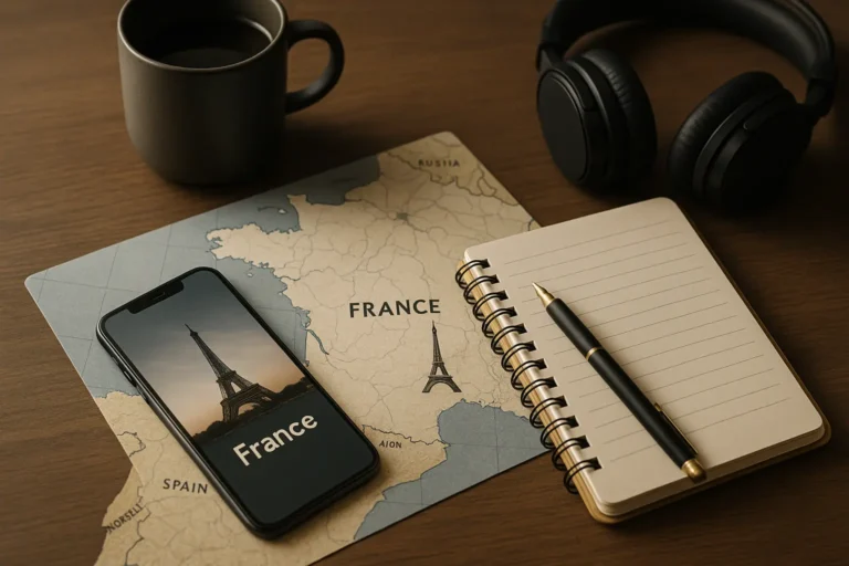 Smartphone with a travel eSIM connected in France near the Eiffel Tower