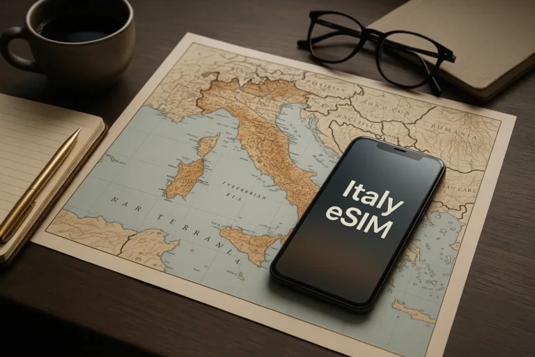 Traveler using a prepaid Italy eSIM on smartphone near the Colosseum
