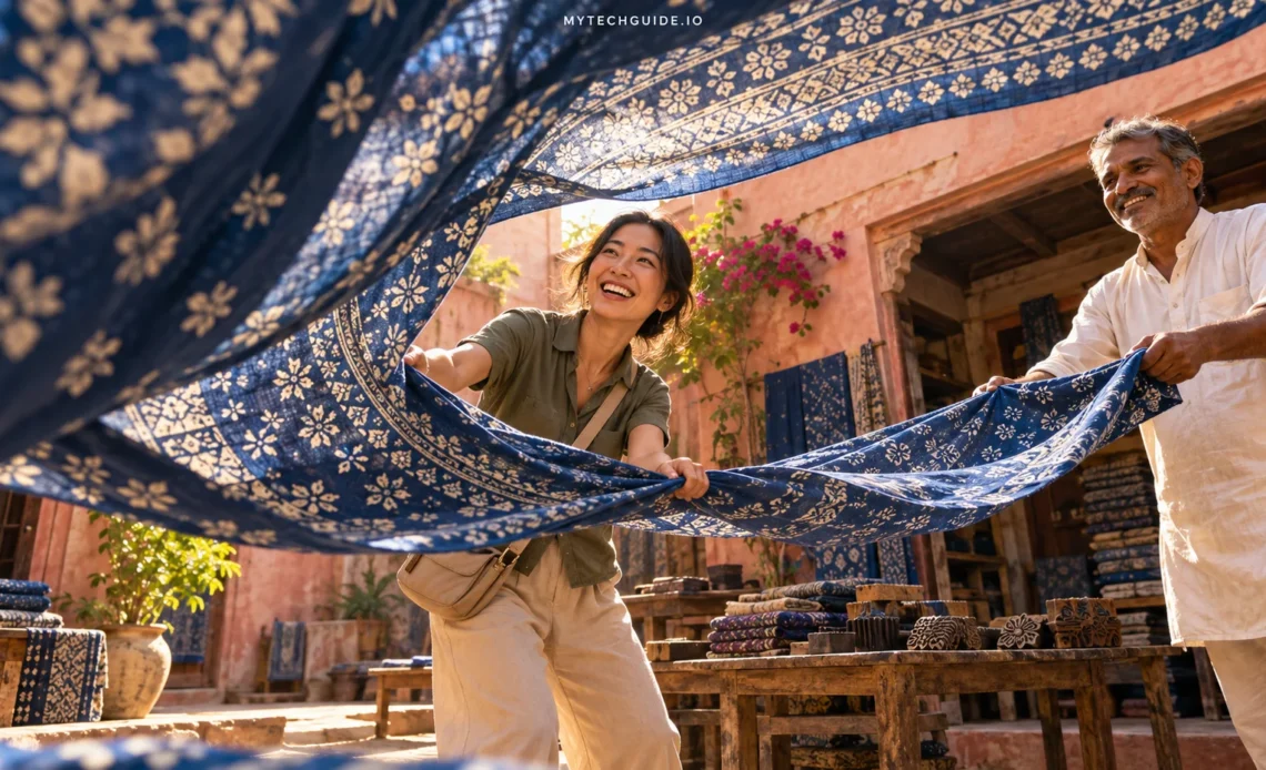 india-esim.png Traveler and artisan unfolding indigo block-printed fabric in a sunlit textile workshop courtyard near Jaipur, India.