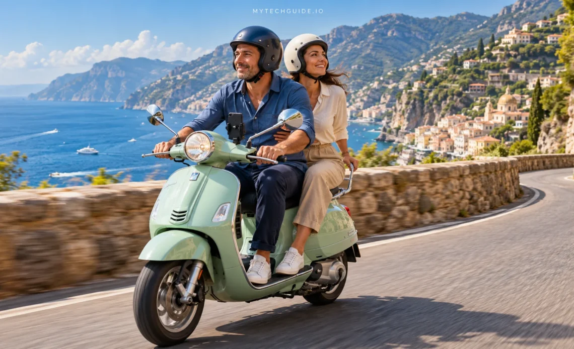 Two helmeted travelers riding a mint-green scooter along a coastal road above the sea on Italy’s Amalfi Coast.