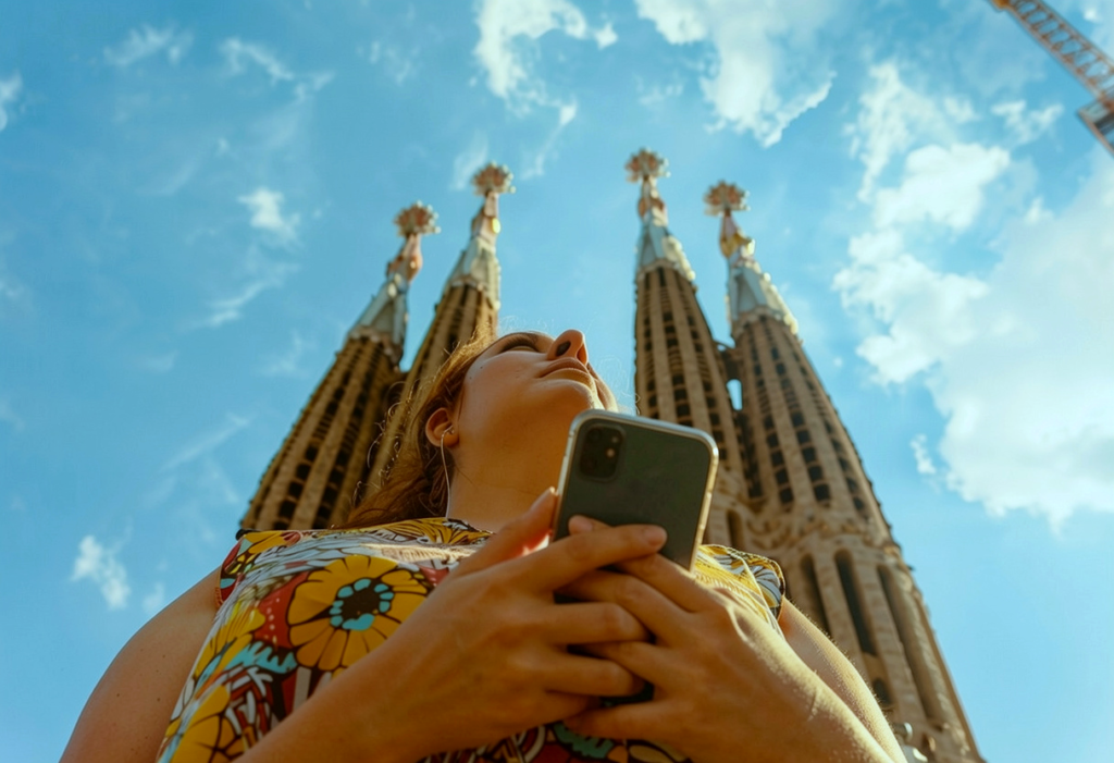 Traveler using a smartphone near the Sagrada FamĂlia in Barcelona, Spain