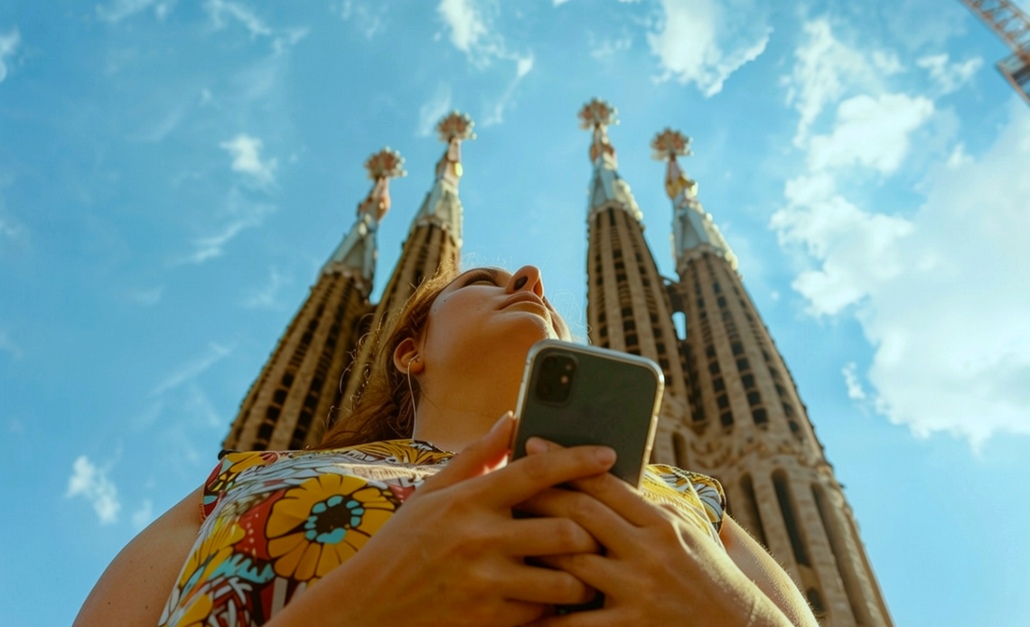 Traveler using a smartphone near the Sagrada Família in Barcelona, Spain