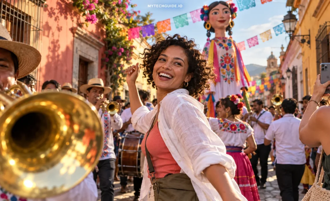 mexico-esim.png Traveler smiling among brass musicians and a giant parade puppet during a colorful calenda procession in Oaxaca, Mexico.