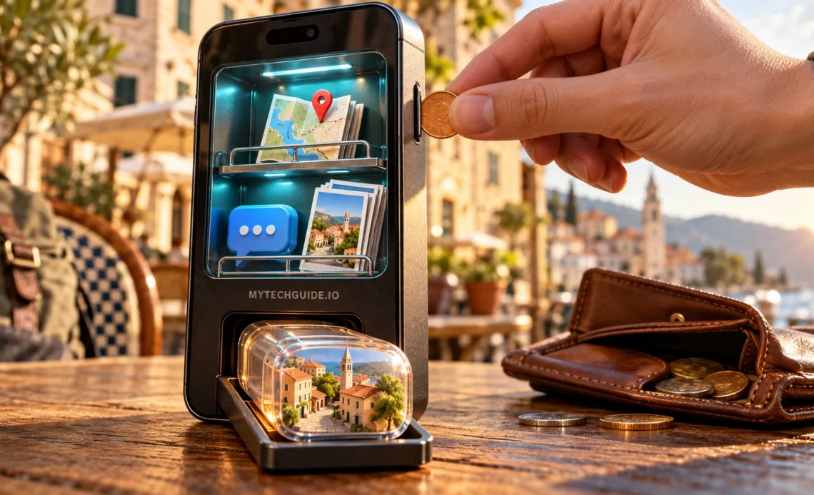 Hand inserting a coin into a smartphone-shaped vending machine dispensing a miniature travel scene, with a wallet beside it.