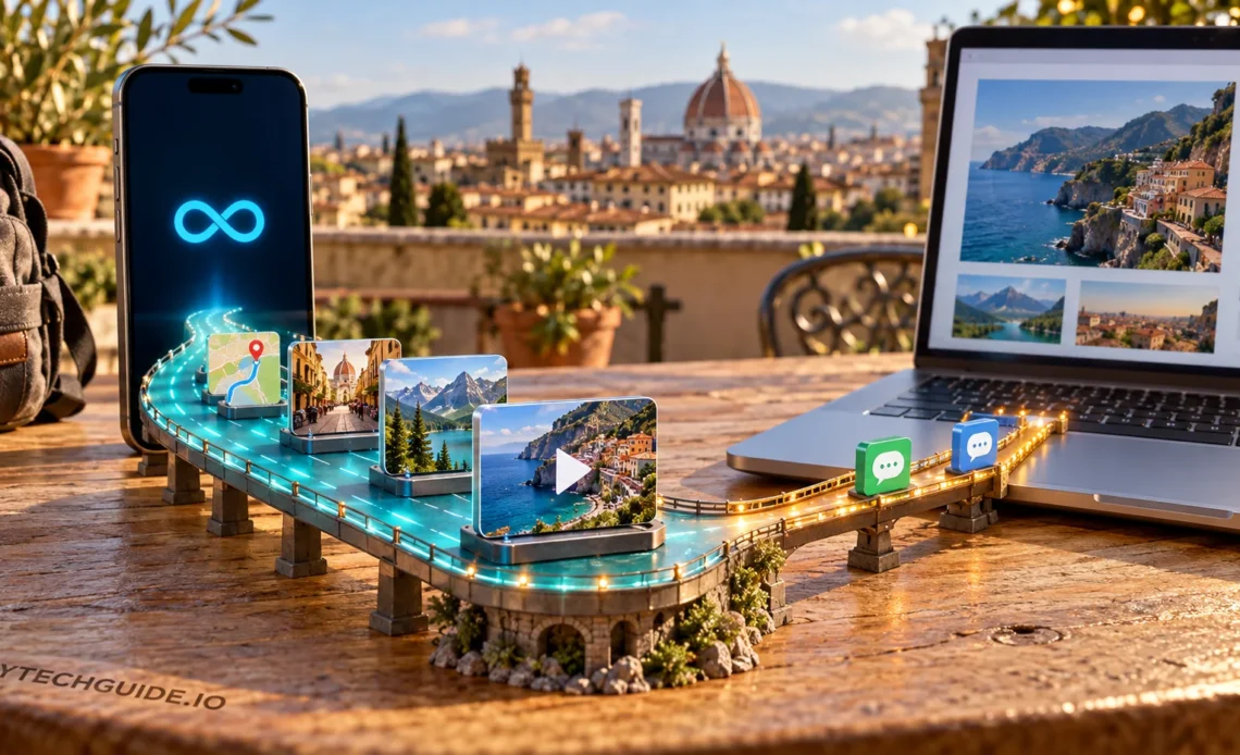 Smartphone and laptop connected by a miniature data highway, with photo and video tiles queuing before a narrow bridge.