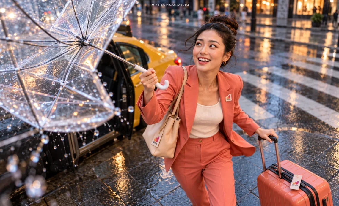 Airalo traveler in a coral suit holding a wind-flipped transparent umbrella beside a taxi on a rainy city street.