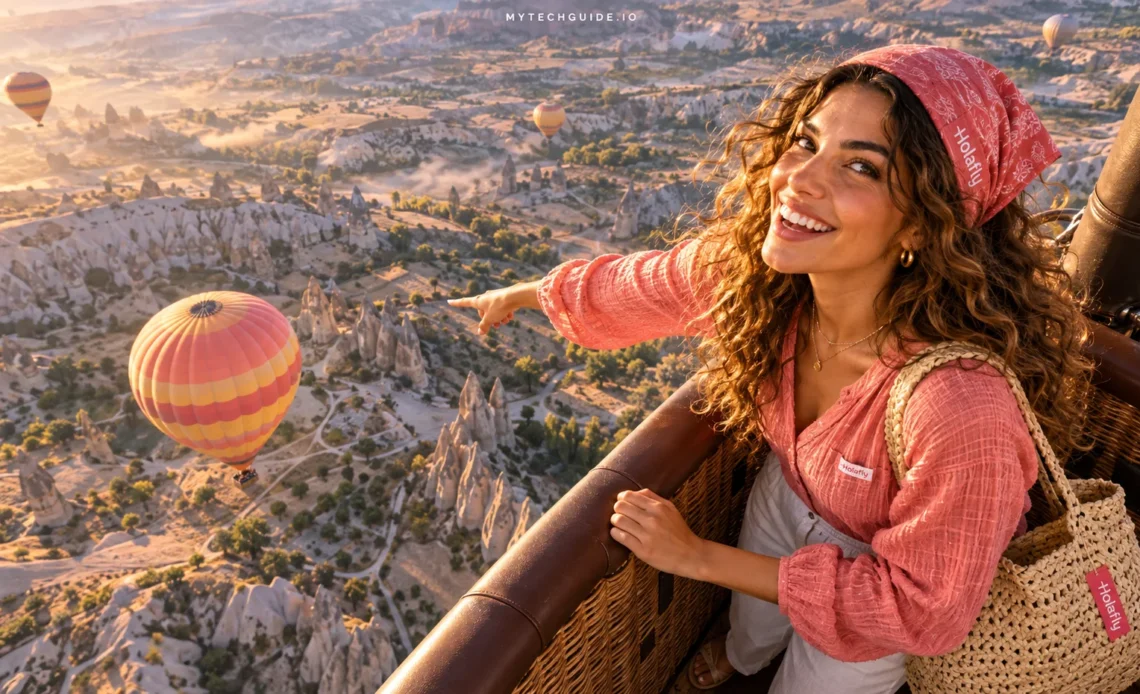 Holafly traveler pointing toward a balloon below her basket over Cappadocia’s rocky valleys at sunrise.