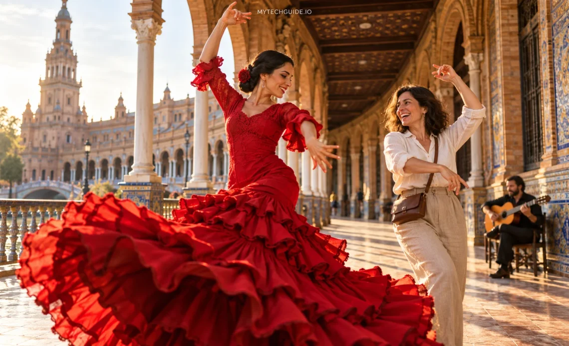 Flamenco dancer twirling a red dress beside a smiling traveler beneath the tiled arcades of Plaza de España in Seville.