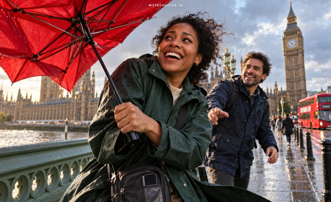 Traveler laughing as the wind catches her red umbrella on Westminster Bridge, with Big Ben in the background.
