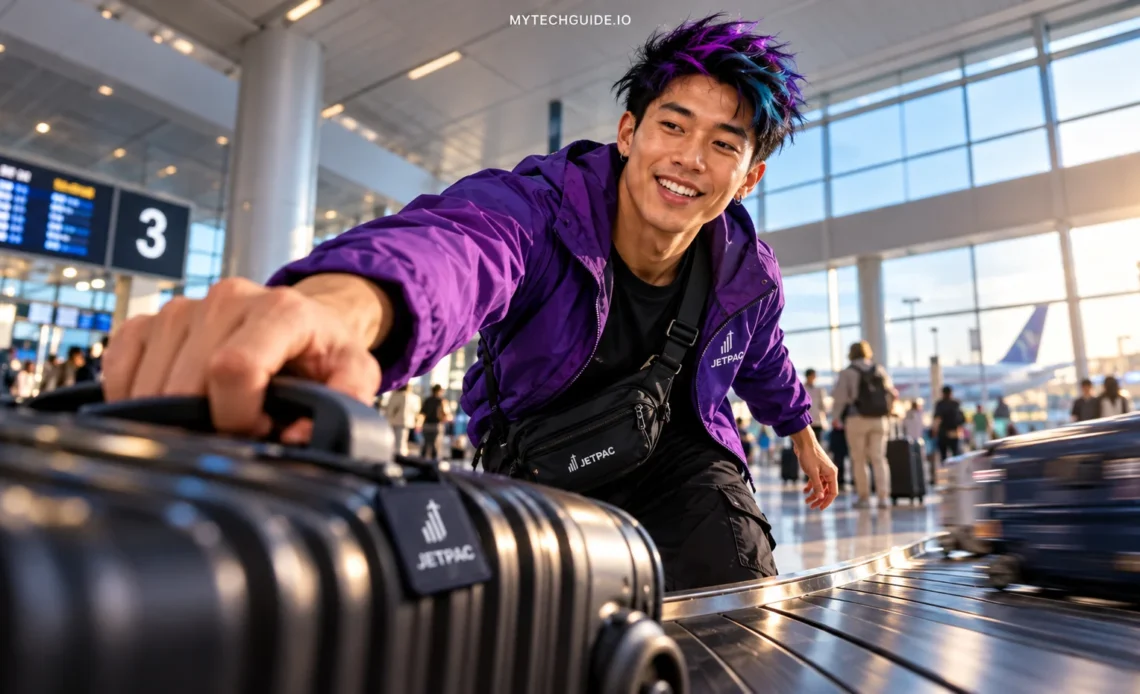 Traveler in a purple Jetpac jacket reaching for a suitcase on an airport baggage carousel, viewed from belt level.