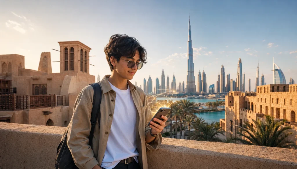 Traveler using a regional eSIM across multiple Middle East destinations with seamless mobile connectivity.