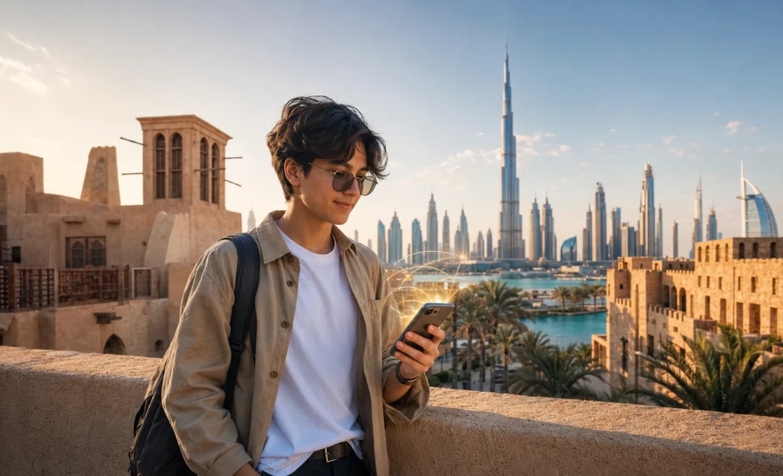 Traveler using a regional eSIM across multiple Middle East destinations with seamless mobile connectivity.