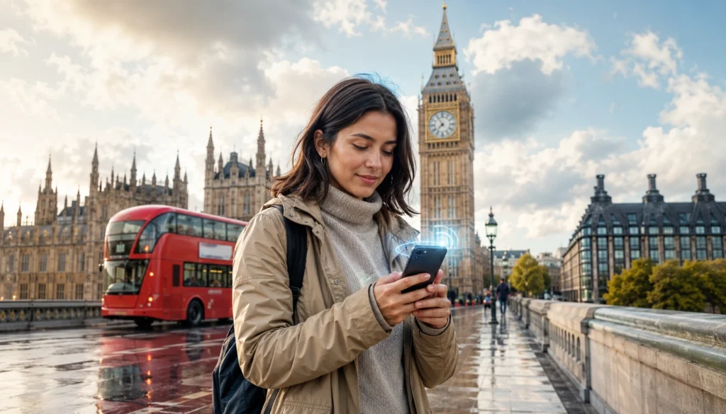 Traveler using a UK eSIM plan for mobile data and navigation across Britain