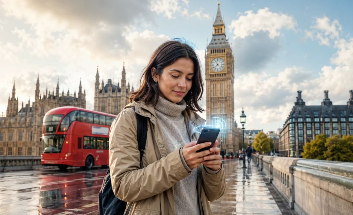 Traveler using a UK eSIM plan for mobile data and navigation across Britain