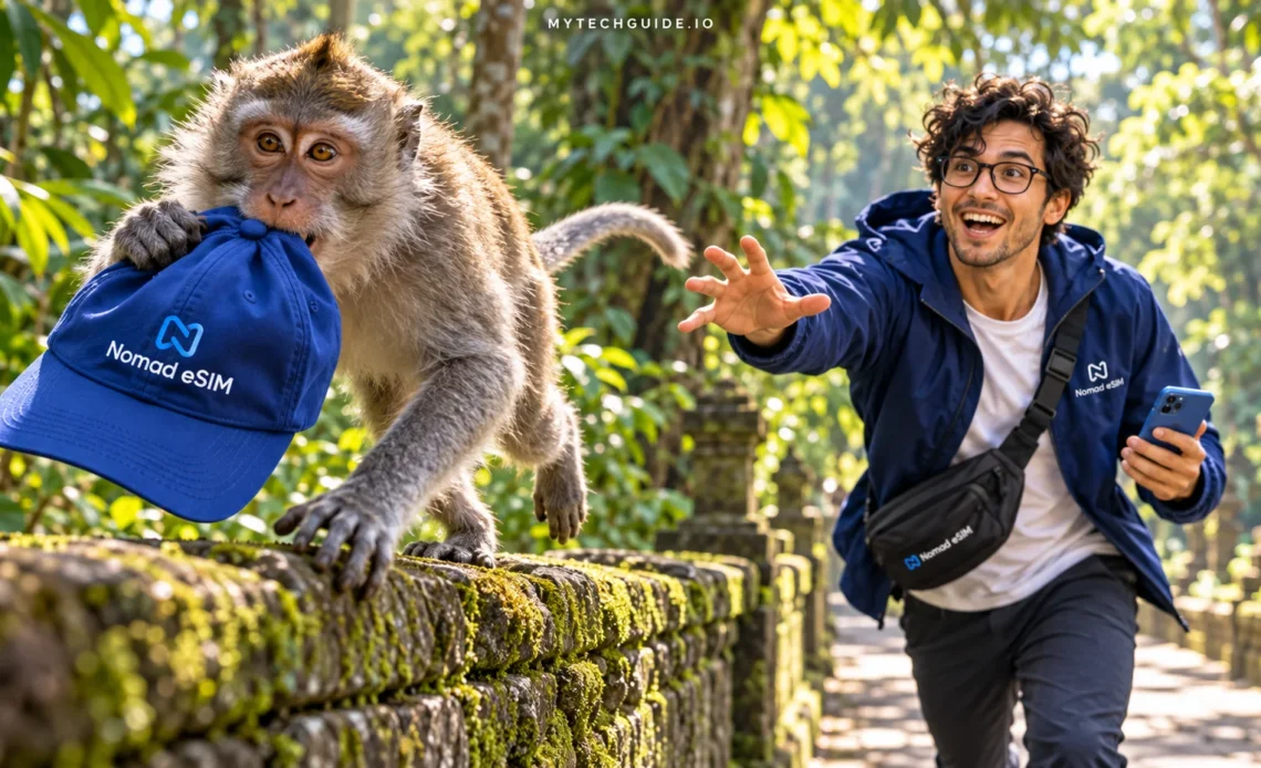 Macaque carrying a blue Nomad eSIM cap along a mossy stone wall as a surprised traveler reaches toward it.