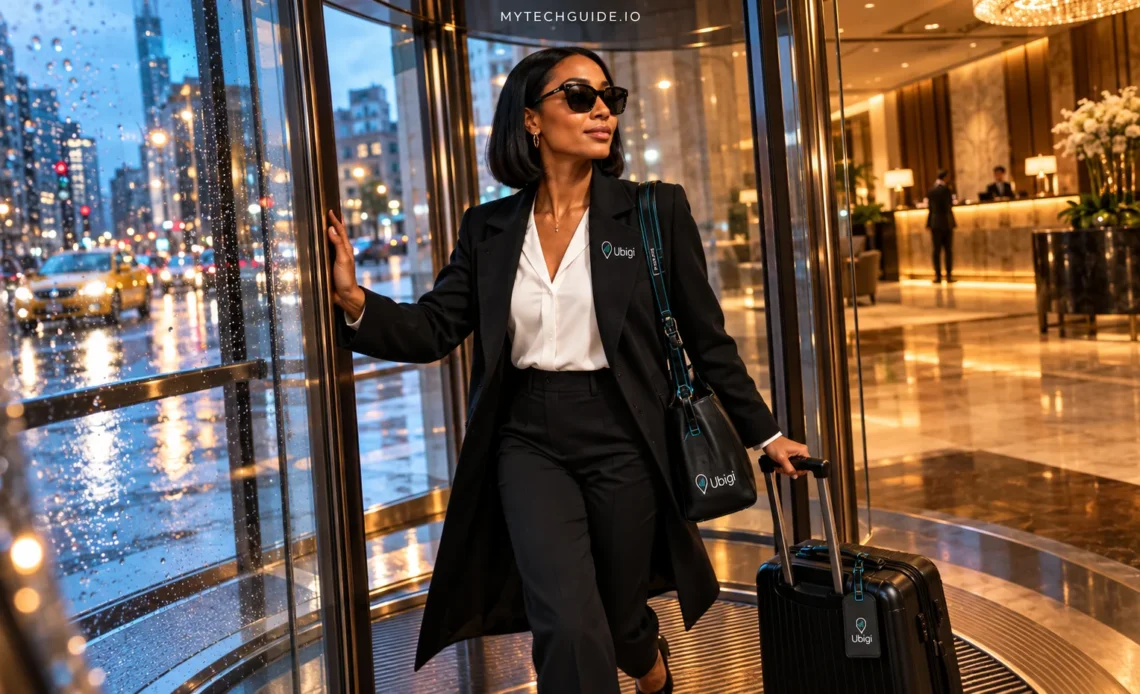Ubigi traveler entering a warmly lit hotel through a glass revolving door, with luggage and a rainy city street behind her.