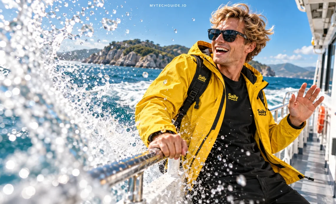 Traveler in a yellow Saily jacket laughing as sea spray splashes over a ferry railing, with a rocky island in the background.