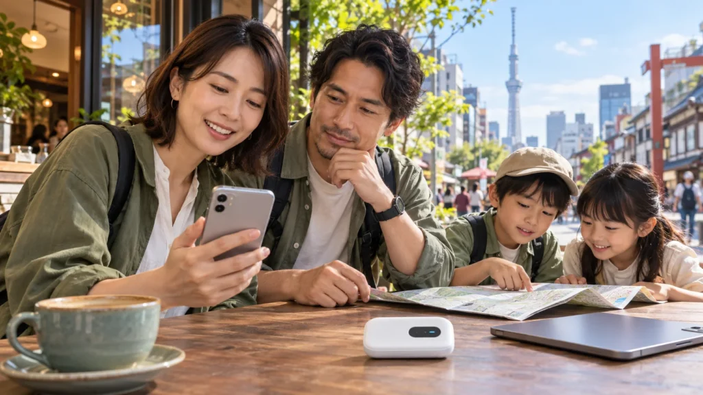 Family planning a day in Tokyo with a smartphone and pocket WiFi router at a café.