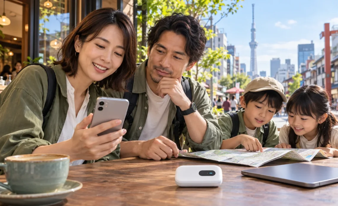 Family planning a day in Tokyo with a smartphone and pocket WiFi router at a café.
