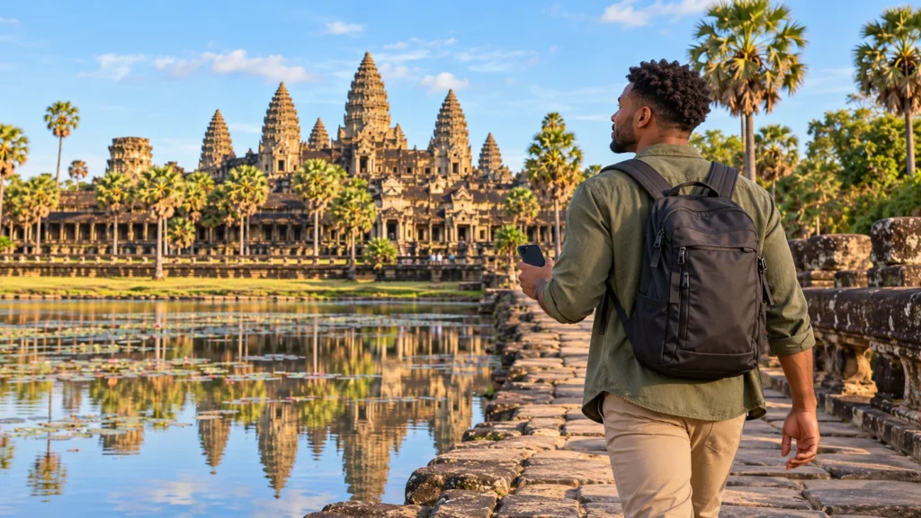 Traveler with a smartphone walking beside the reflecting pool at Angkor Wat, Cambodia.