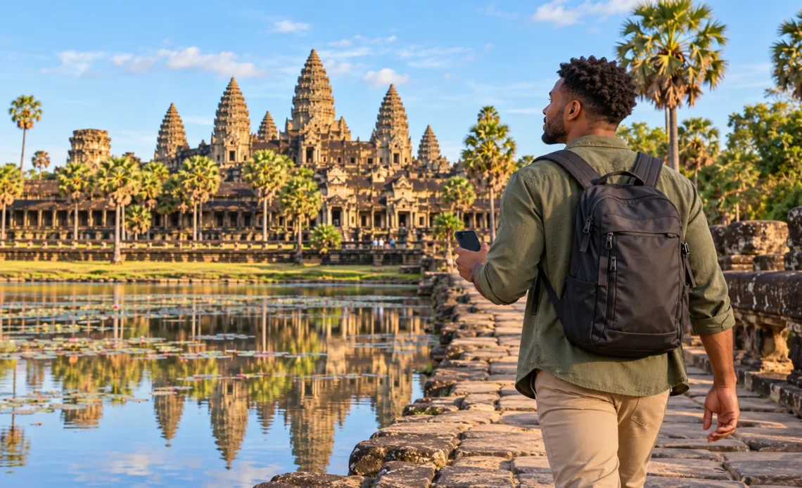 Traveler with a smartphone walking beside the reflecting pool at Angkor Wat, Cambodia.