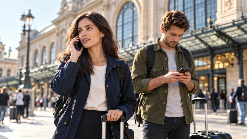 Two travelers making a phone call and texting outside a European train station.