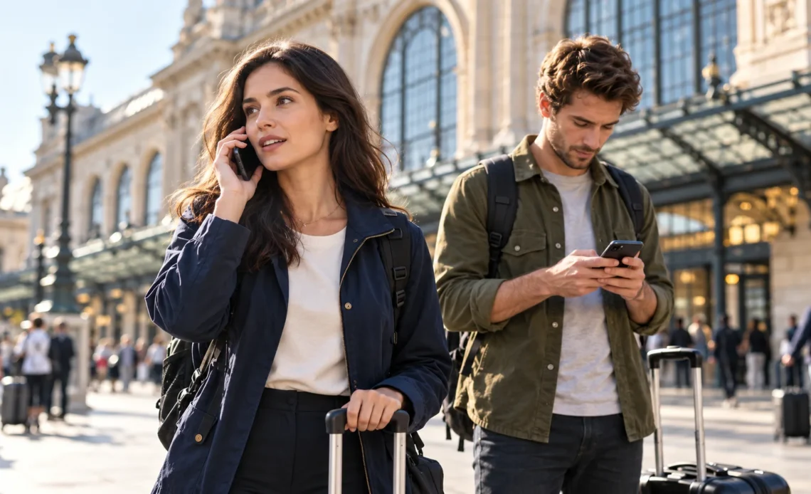 Two travelers making a phone call and texting outside a European train station.