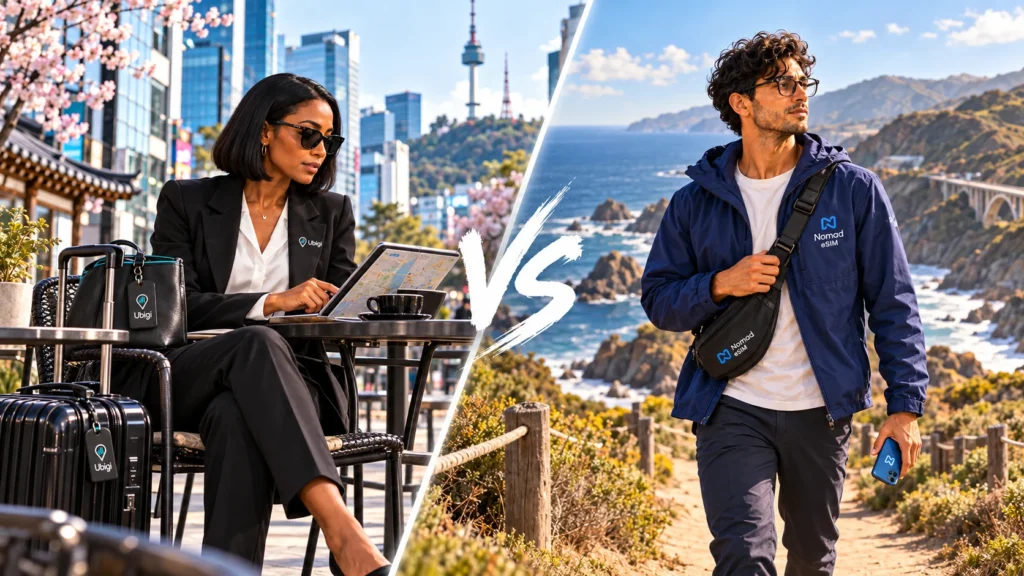 Ubigi traveler seated at a Seoul café with a tablet and Nomad eSIM traveler walking a California coastal trail, separated by VS