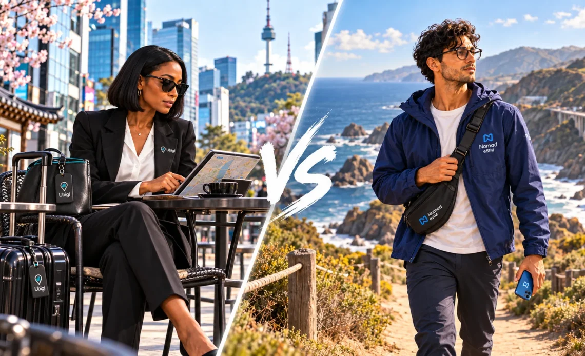 Ubigi traveler seated at a Seoul café with a tablet and Nomad eSIM traveler walking a California coastal trail, separated by VS